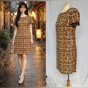 VTG 70s Eaton Essentials Brown Art Deco Print Dress - S